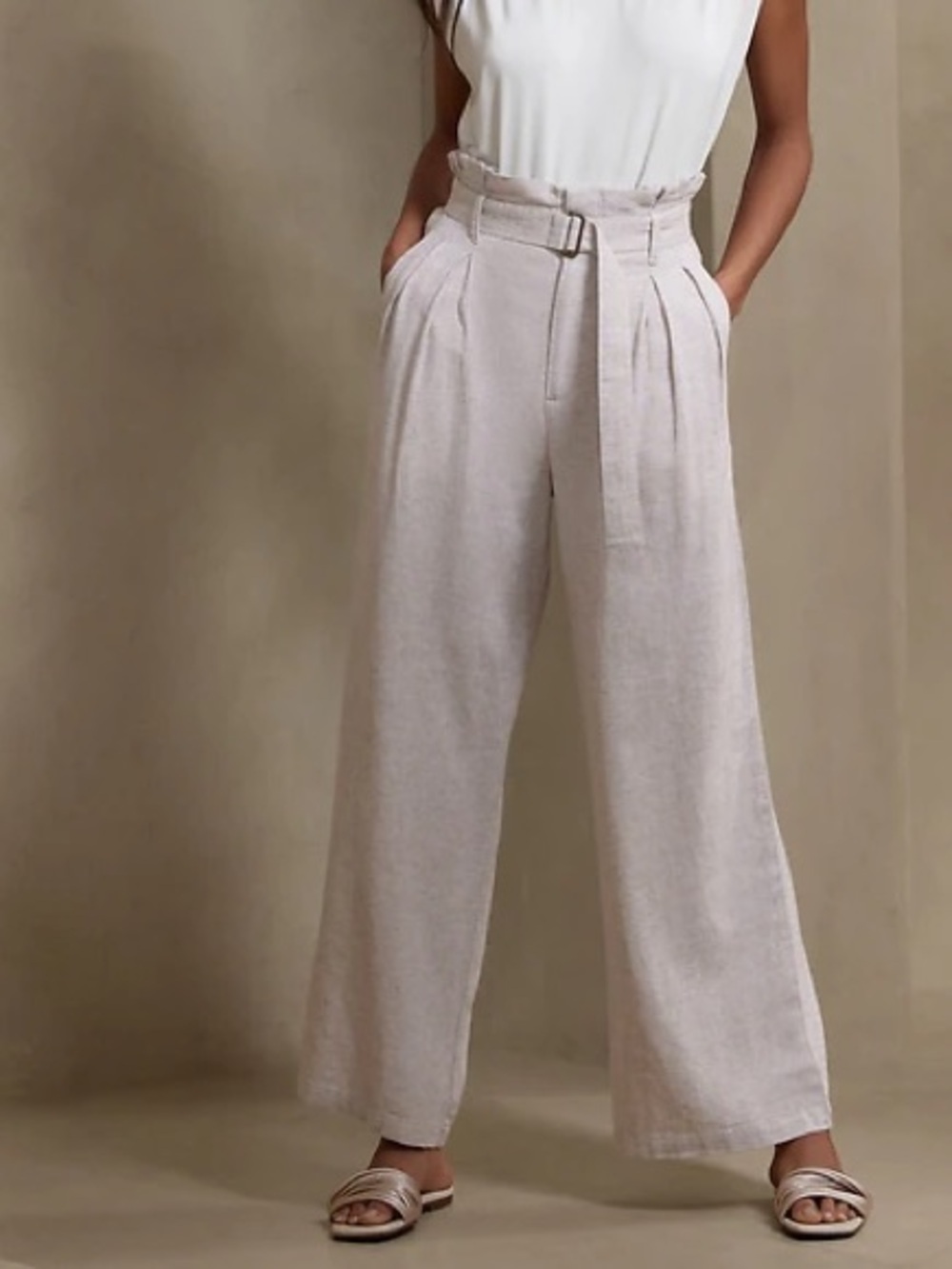 Banana Republic Cream High-Waist Wide-Leg Paperbag Linen blend Pants